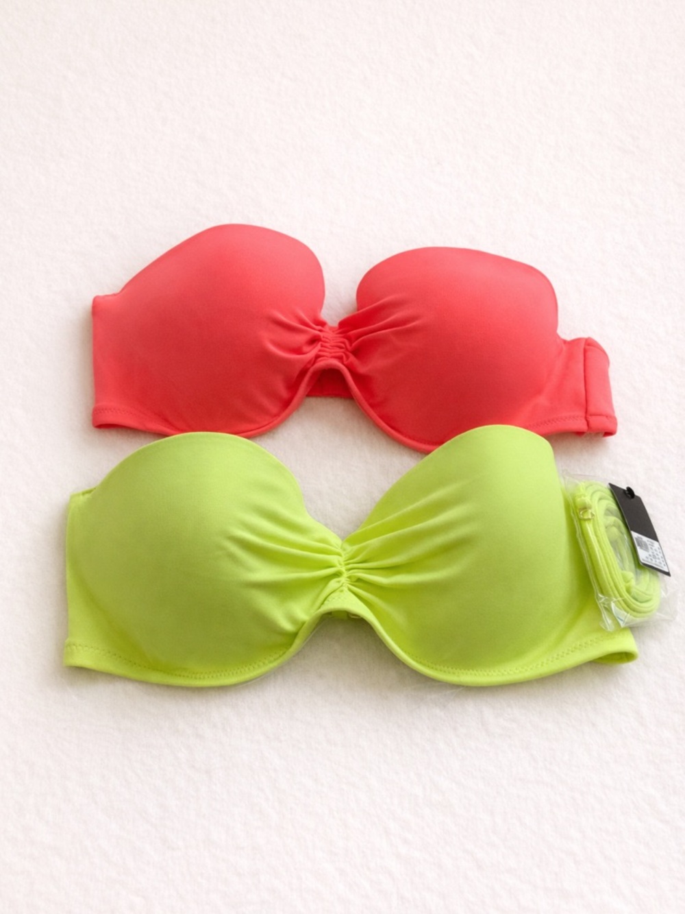 Bundle of 2 Strapless Bikini Tops – Neon Green & Coral Bandeau Styles